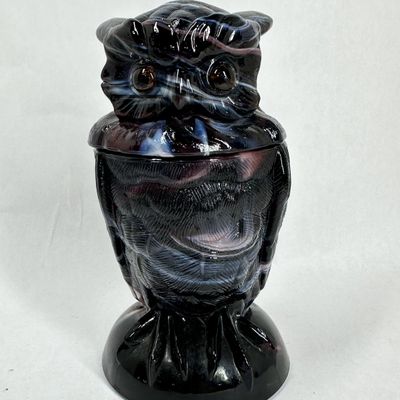 Sale Photo Thumbnail #314: IMPERIAL PURPLE SLAG GLASS OWL JAR