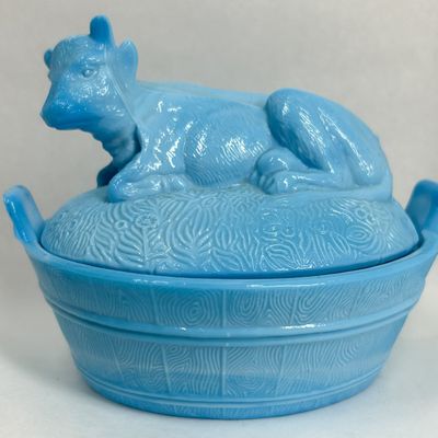 Sale Photo Thumbnail #102: WESTMORELAND BLUE SLAG GLASS COW COVERED DISH