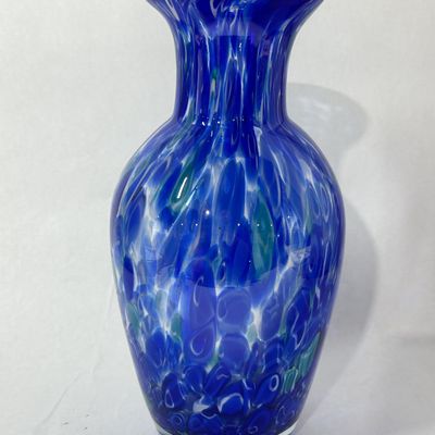 Sale Photo Thumbnail #259: HAND BLOWN BLUE MOTTLED GLASS VASE