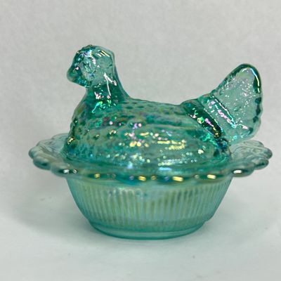 Sale Photo Thumbnail #171: MOSSER CARNIVAL TEAL GLASS HEN ON NEST