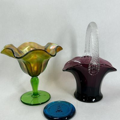 Sale Photo Thumbnail #281: NORTHWOOD AMETHYST GLASS BASKET AND CARNIVAL COMPOTE