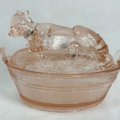 Sale Photo Thumbnail #207: PINK PRESSED GLASS COW ON NEST DISH