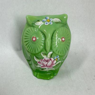 Sale Photo Thumbnail #324: FENTON HP BROWN PAINTED GREEN GLASS OWL FIGURINE