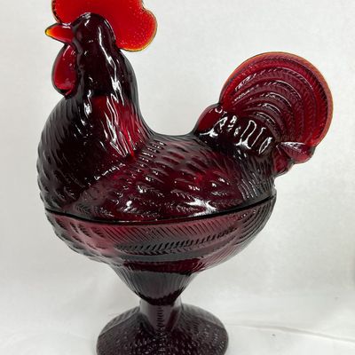 Sale Photo Thumbnail #134: RUBY PRESSED GLASS ROOSTER CANDY DISH