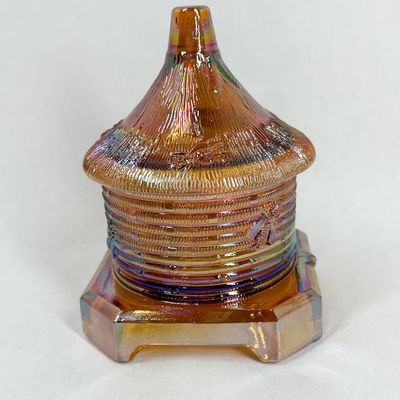 Sale Photo Thumbnail #433: MOSSER MARIGOLD CARNIVAL GLASS BEEHIVE HONEY JAR