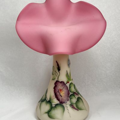 FENTON BURMESE HUMMINGBIRD SATIN VASE WEIDLEY