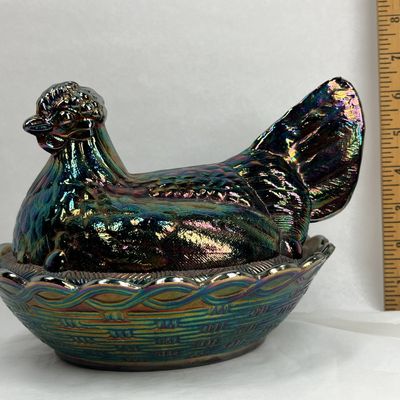 Sale Photo Thumbnail #119: IRIDESCENT CARNIVAL GLASS HEN ON NEST