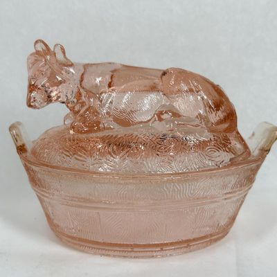 Sale Photo Thumbnail #208: PINK DEPRESSION GLASS COW ON TUB DISH