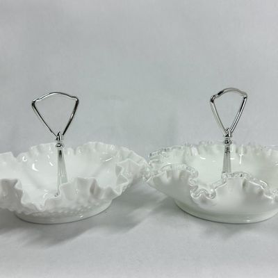 Sale Photo Thumbnail #299: TWO FENTON MILK GLASS HANDLED DISHES