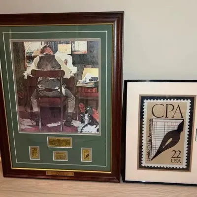 Framed Norman Rockwell “Beating The Deadline” Print And Commemorative Stamps, CPA Stamps Print