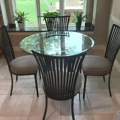 Beveled Glass & Steel Round Table w/ 4 Chairs