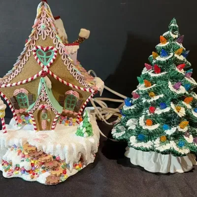 Lighted Ceramic Ginger Bread House & Tree