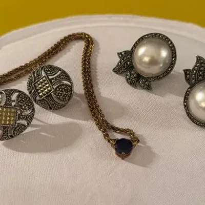 Sterling Silver W/Stones : 2 Prs Earrings, 1 Necklace