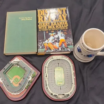 White Sox Comiskey Park, Green Bay Packers Lambeau Field models, books, Super Bowl '21 Stein