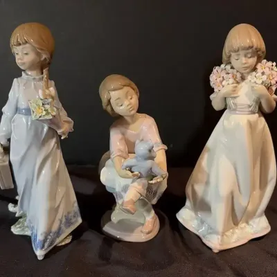 3 Lladro Girls W/ Flowers & Teddy Bear (7604, 7620, 7603)