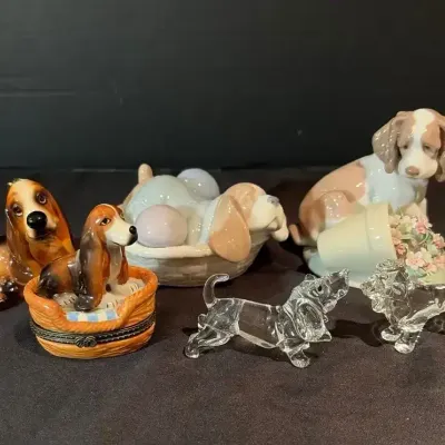 Dogs: 2 Lladro/NAO (7672, 1406), 2 Glass, 2 Ceramic Bassett Hounds