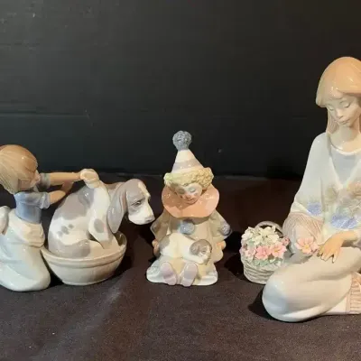 3 Lladro Figurines: Clown, Puppy, Lady (5455, 5277, 7607)