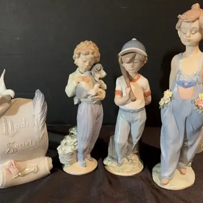 3 Lladro Boy Figurines (7609, 7610, 7650) & Society Plaque