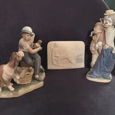 3 Lladros: Clown, Girl & White Puppies, Boy, Dog & Puppies, Plaque