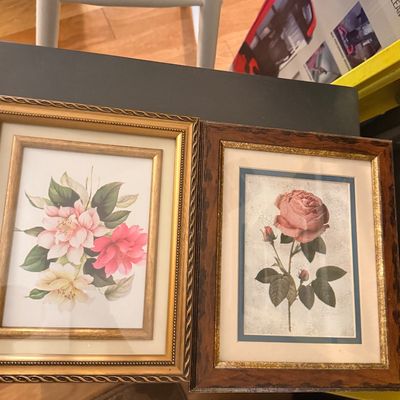 Pair of framed botanical floral prints in ornate gold-toned and wooden frames.
