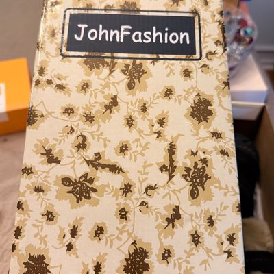 John Fashion original floral patterned shoe box featuring a black logo label on the lid.