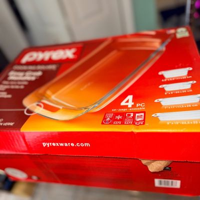 Vintage Pyrex Easy Grab 4-piece glass bakeware set in its original red and yellow cardboard box.