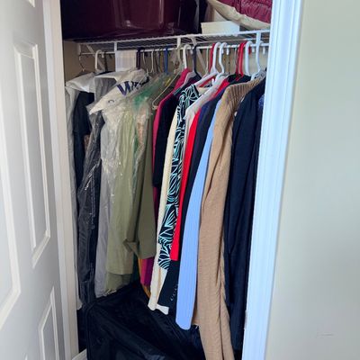 Closet filled with women's hanging plus size new & gently owned  clothing, garment bags, a duffel bag, and plastic storage totes.