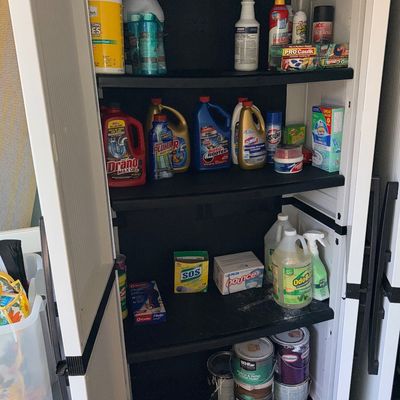 Plastic utility storage cabinet filled with various household cleaning supplies, laundry products, and paint cans.