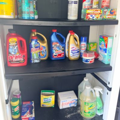Assorted household cleaning supplies and chemicals neatly arranged on shelves inside a utility cabinet, including drain cleaners,...