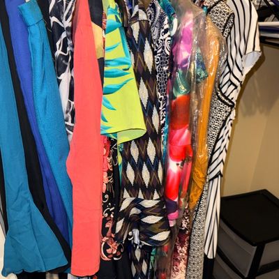 Closet full of assorted  plus size new & gently owned  women's modern clothing hanging on plastic hangers, including dresses and...