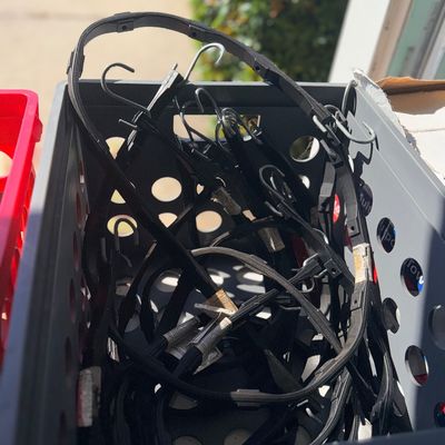 A grey plastic crate filled with a collection of black rubber tarp straps and bungee cords featuring metal hooks.