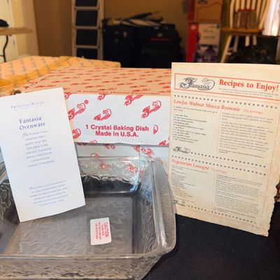 Princess House Fantasia crystal baking dish in its original box, complete with instructional inserts and recipe card.