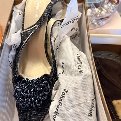 JohnFashion black textured slingback high heels with beaded embellishments on the toe, stored in their original branded box.
