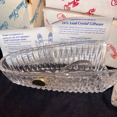 Vintage Princess House 24% lead crystal knife holder with original foil sticker, instruction insert, and boxed packaging.