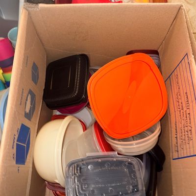 Cardboard box filled with assorted plastic food storage containers and lids in various sizes and colors.