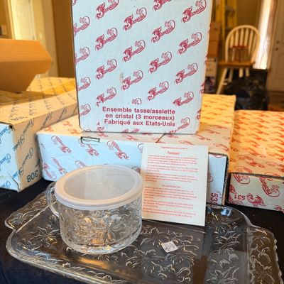 Princess House Fantasia pattern clear glass snack set with tray, mug with plastic lid, original care card, and branded boxes.