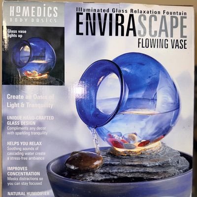 HoMedics Envirascape illuminated glass relaxation fountain in original retail packaging.