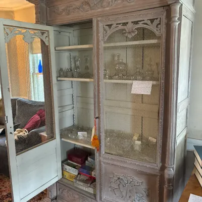 Sale Photo Thumbnail #3: Antique french hand-carved hutch with glass collectibles