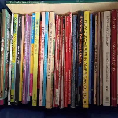 Sale Photo Thumbnail #181: A collection of craft, quilting, and coloring books, including titles like "New Discoveries in American Quilts" and "Colorama Coloring Book," packed tightly in a blue storage bin.
