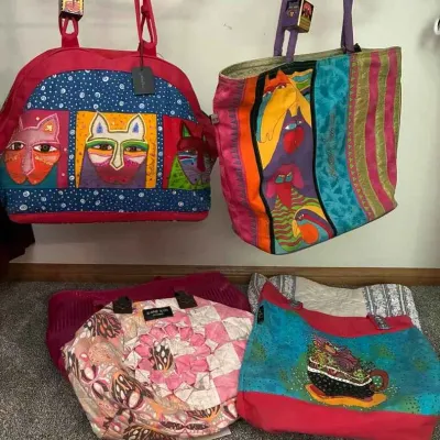 Sale Photo Thumbnail #85: Collection of colorful, artistic fabric tote bags featuring whimsical cat illustrations and patchwork designs, including Laurel Burch styles.
