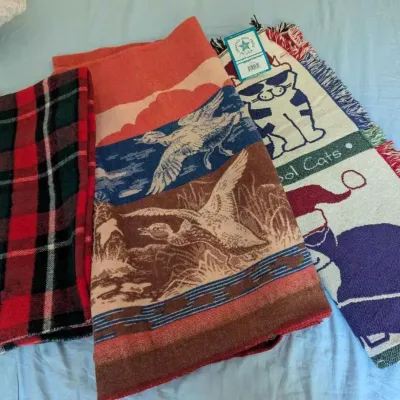 Sale Photo Thumbnail #101: Three assorted throw blankets, including a red and green plaid fringed blanket, a woven tapestry blanket featuring flying ducks, and a "Cool Cats" woven tapestry blanket with its original tag.