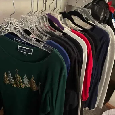 Sale Photo Thumbnail #93: Selection of women's long-sleeve tops and sweaters hanging on a closet rod, including a green Karen Scott top with a Christmas tree graphic.