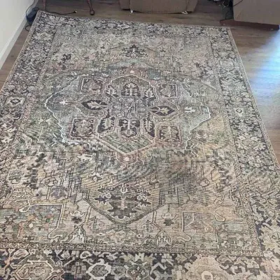 Sale Photo Thumbnail #162: Large area rug featuring a distressed traditional Persian-style medallion design in muted tones of grey, beige, and sage green.