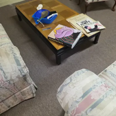 Sale Photo Thumbnail #192: Mid-century modern coffee table with a parquet wood top and black legs, styled with vintage books and a blue plastic tray.
