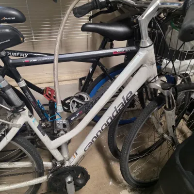 Sale Photo Thumbnail #162: Cannondale hybrid bicycle in white, shown alongside other bicycles in a storage area.