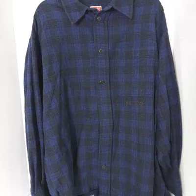 Kenzo Paris Blue Plaid Wool Blend Button-Up Overshirt: Men’s L