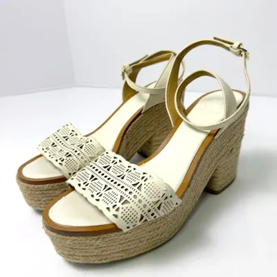 Tory Burch White Leather Cutout Espadrille Wedge Sandals, 8.5
