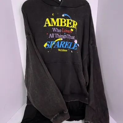 Authenticated WE11DONE “Amber Who Loves All Things That Sparkle” Distressed Graphic Hoodie: Size L
