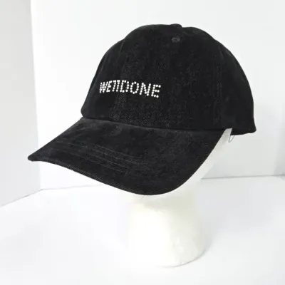 WE11DONE Black Flocked Denim Faux-Pearl Logo Baseball Cap, One Size