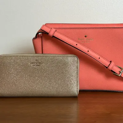 Kate Spade New York Coral Pink Crossbody Bag & Sparkle Wallet